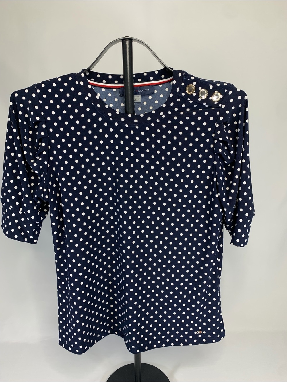 Tommy Hilfiger Navy & White Polka Dot Short Sleeve Top with Button Detail
